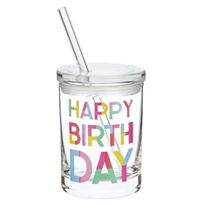 Slant Collections Birthday Glass With Lid and Glass Straw Double-Old Fashioned Cocktail Glass, 10-Ounces, Happy Birthday Block