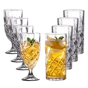 royalty art kinsley tall highball glasses and long-stem tumbler sets of 8,textured designer glassware for drinking water, beer, or soda, trendy and elegant dishware, dishwasher safe