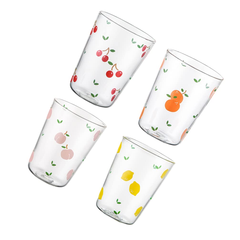 DOITOOL 4pcs Clear Beverage Glasses Drinking Glasses Set Fruit Pattern Juice Glasses Vintage Juice Glasses for Drinks Water Juice Beer Cocktail Home Bar Use Random Style