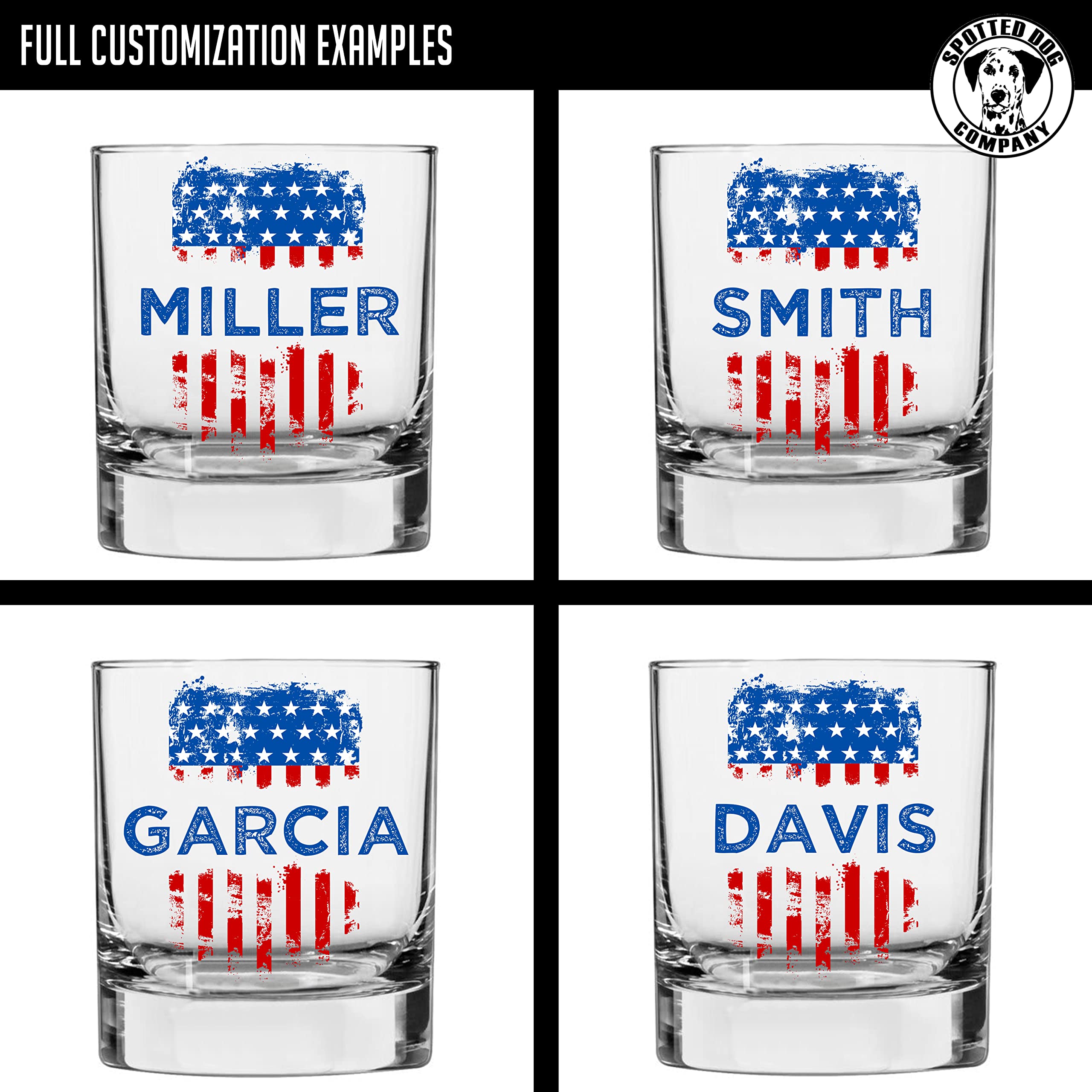 Personalized Printed 11oz Whiskey Glass - Custom Bourbon Christmas Gifts for Men, Dad Scotch Drinking Birthday Glasses, Groomsmen, Liquor Cocktail Rocks Old Fashioned, Patriotic US Flag