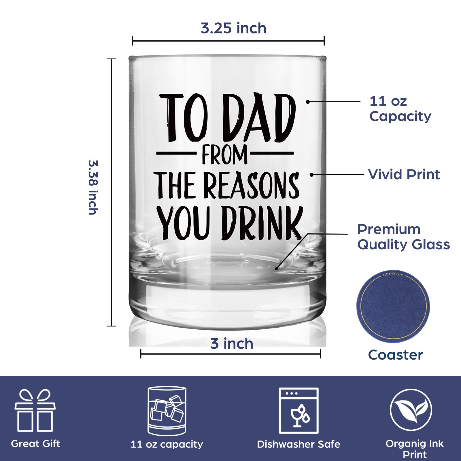 To Dad From The Reasons You Drink Funny Whiskey Glass Gifts for Dad, Unique Fathers Day Birthday Retirement Christmas Gifts idea for Dad, Mom, Men From Daughter, Son, Kids, Old Fashioned Glasses 11 oz