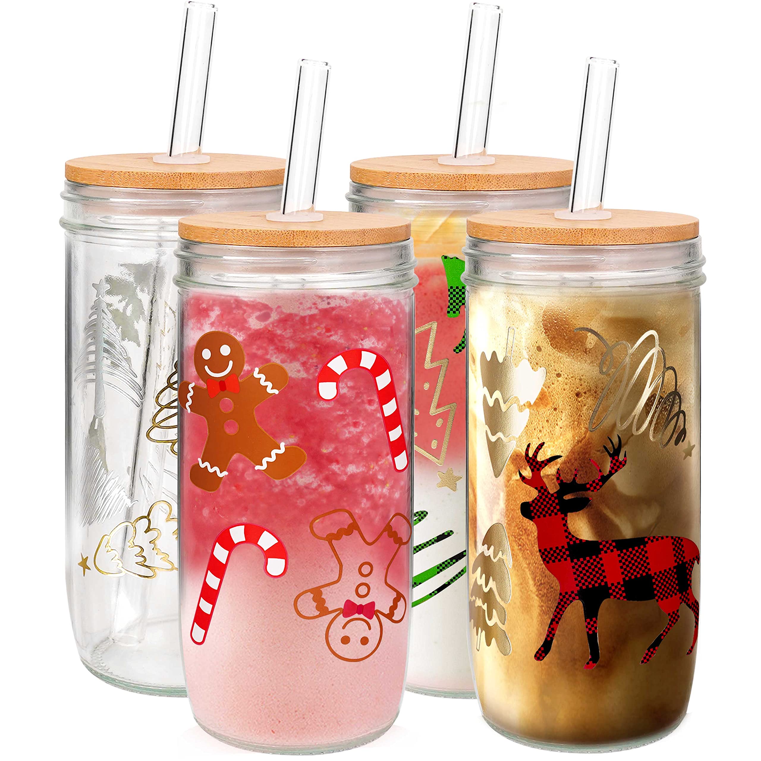 ANOTION Christmas Cups, 24oz Colored Christmas Mugs Useful White Elephant Gifts for Adults Holiday Mason Jars Glass Cups with Lid and Straw Tumbler Drinking Glasses Coffee Cups Gifts for Women Men