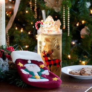 ANOTION Christmas Cups, 24oz Colored Christmas Mugs Useful White Elephant Gifts for Adults Holiday Mason Jars Glass Cups with Lid and Straw Tumbler Drinking Glasses Coffee Cups Gifts for Women Men