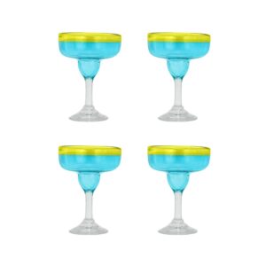 amici home acapulco collection, authentic mexican handmade margarita glasses, bar glassware for cocktails & other beverages, blue glass, yellow rimmed, made in mexico 15-ounces, set of 4