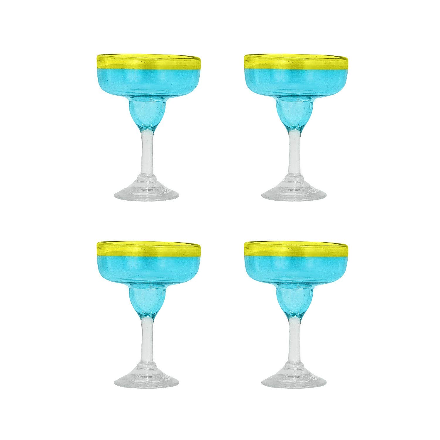 Amici Home Acapulco Collection, Authentic Mexican Handmade Margarita Glasses, Bar Glassware for Cocktails & Other Beverages, Blue Glass, Yellow Rimmed, made in Mexico 15-Ounces, Set of 4