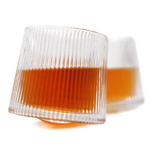 TOSSOW Spinning Whiskey Glasses Set of 2 Tumblers, Striped Old Fashioned Drinking Glass for Scotch, Irish, Bourbon and Cocktail Drinks, Barware Gift for Men and Women