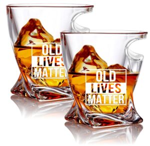 old lives matter whiskey glass - 2 pack - scotch glass 11 oz- funny birthday or retirement gift for senior citizens- old fashioned whiskey glasses- classic lowball rocks glass- gag gift for dad