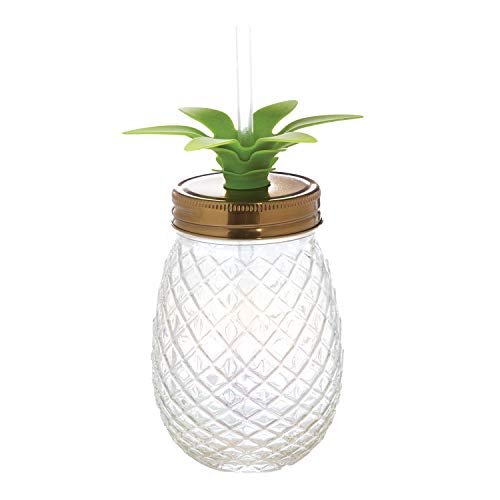 slant collections - Shaped Glass Jar with Lid and Straw, 15-Ounce, Pineapple - Clear