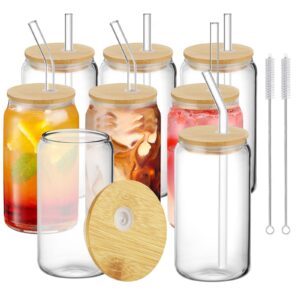 abuff 8 pcs can shaped glass cups with lids and straws 16 oz beer can glass cups iced coffee cups with bamboo lids and straws, mason glass tumbler for soda smoothie boba cocktail - with 2 brushes