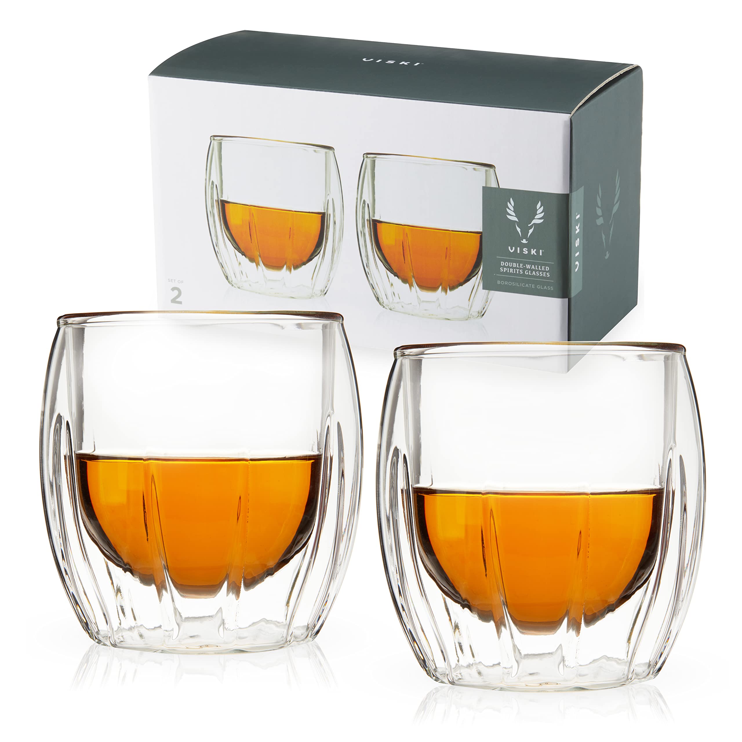 Viski Double-Walled Spirits Glasses, Insulated Liquor Tumblers with Cut Crystal Design, Dishwasher Safe 8.5 Oz, Clear, Set of 2