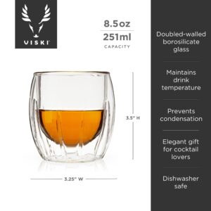 Viski Double-Walled Spirits Glasses, Insulated Liquor Tumblers with Cut Crystal Design, Dishwasher Safe 8.5 Oz, Clear, Set of 2