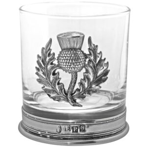 english pewter company 11oz old fashioned whisky rocks glass with stylish scottish pewter thistle and base [sg705]