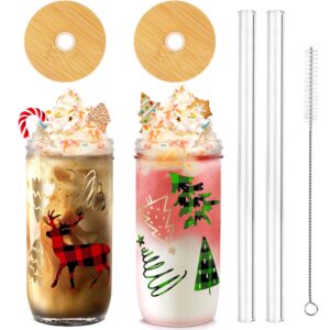 anotion christmas cups, 24oz colored christmas mugs mason jars glass cups with lid and straw christmas tumbler drinking glasses coffee cups cookie jar glassware xmas decorations gifts for women men