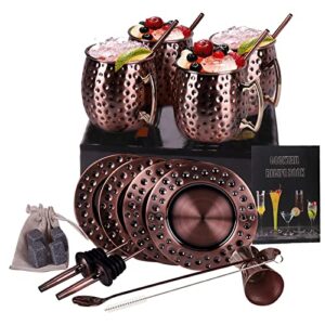 zbpasl 4 set of moscow mule mugs,cocktail cup moscow mule mug set with coaster,cocktail straws,measuring cup and barware tool set (bronze)