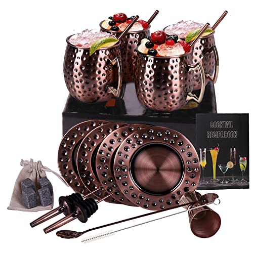 ZBPASL 4 Set of Moscow Mule Mugs,Cocktail Cup Moscow Mule Mug Set with Coaster,Cocktail Straws,Measuring Cup and Barware Tool Set (Bronze)