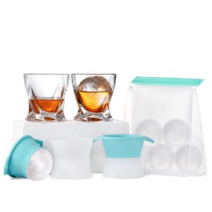old fashioned whiskey glasses,set of 5 ( 2 crystal bourbon glasses,1 storage bags,2 round big ice ball molds ) - 9 oz whiskey rocks glass for scotch cocktail rum cognac vodka liquor,gift for men
