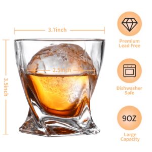 Old Fashioned Whiskey Glasses,Set of 5 ( 2 Crystal Bourbon Glasses,1 Storage Bags,2 Round Big Ice Ball Molds ) - 9 Oz Whiskey Rocks Glass for Scotch Cocktail Rum Cognac Vodka Liquor,Gift for Men