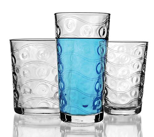 Circleware Cosmo Huge 12-Piece Glassware Set of Highball Tumbler Drinking Glasses and Whiskey Cups for Water, Beer, Juice, Ice Tea Beverages, 6-15.75 oz & 6-12.5 oz, Parade