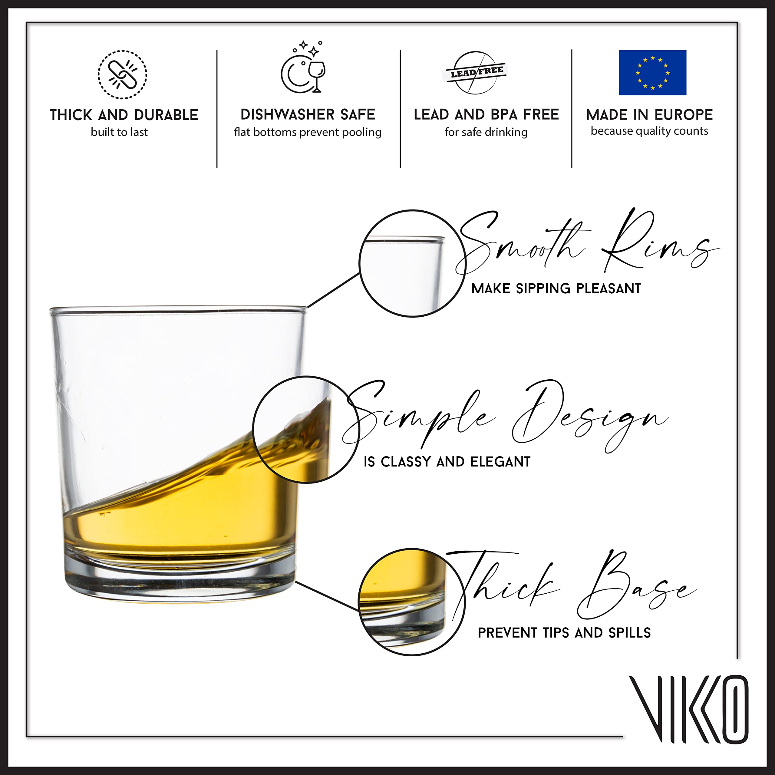 Vikko 8.25 Ounce Whiskey Glasses | Weighted Bottom to Prevent Tipping – Beautiful Seamless Construction – Set of 6 Large Glass Whisky Tumblers