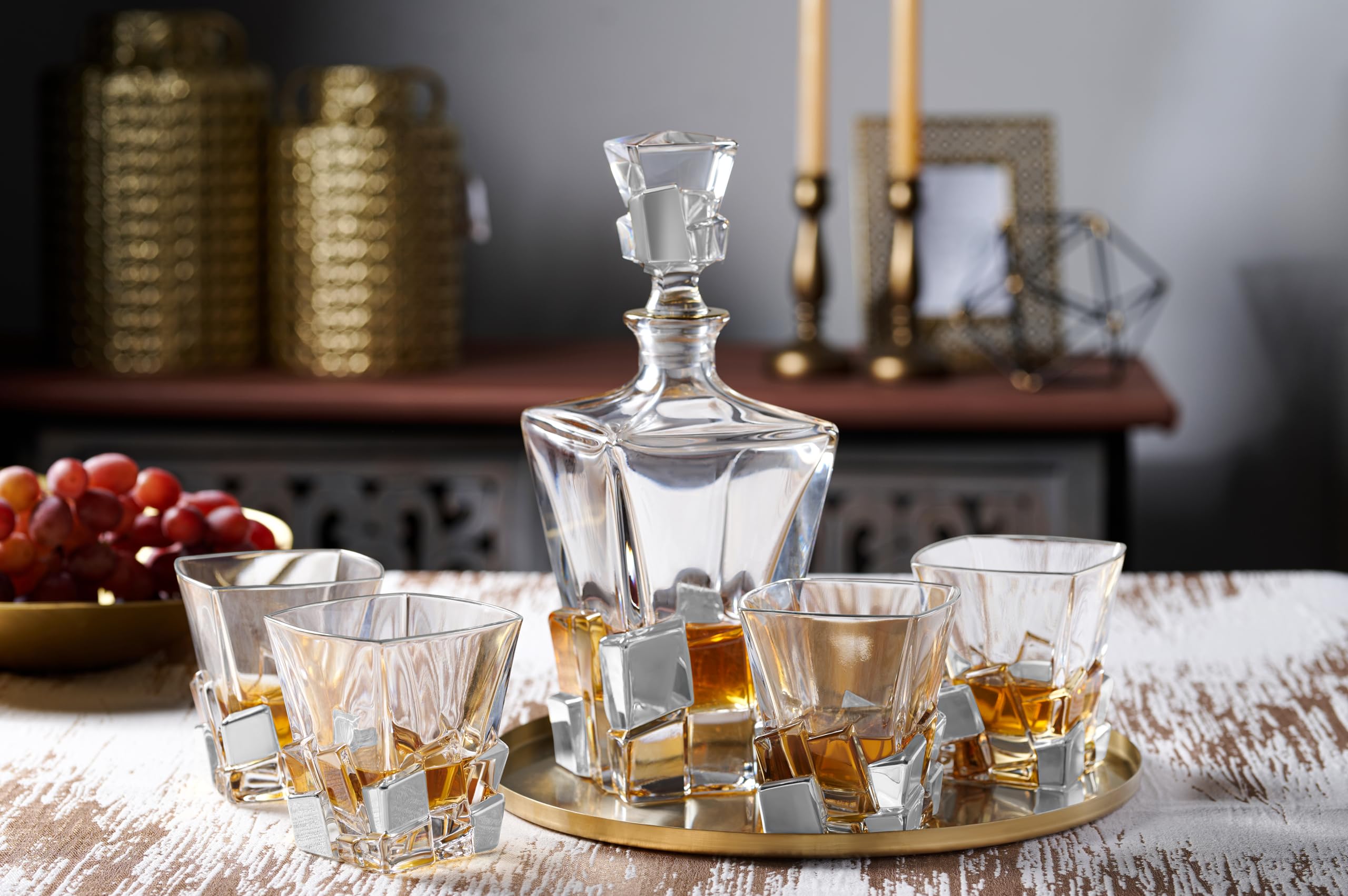 Barski - European Quality Glass - Crystal - Set of 6 - Square Shaped - Double Old Fashioned Tumblers - DOF - 11.7 oz. - with Platinum Ice Cubes Design - Glasses are Made in Europe