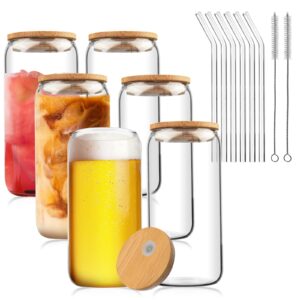 joymate drinking glasses with bamboo lids and glass straws 6pcs set 16oz can shaped glass cups，coffee glasses，cold drinks glasses，cute tumbler cup，cocktails cups，easy to clean-2 brushes
