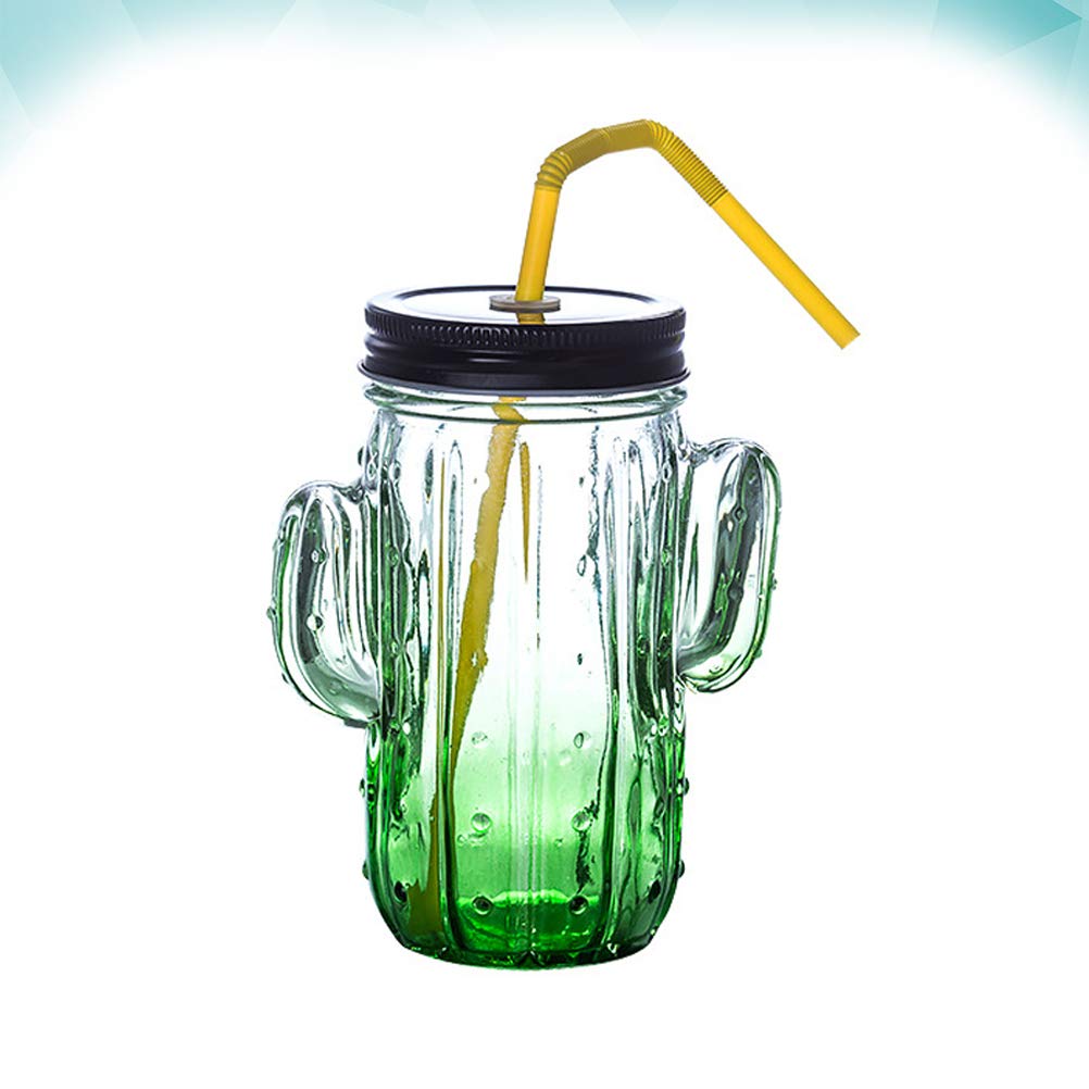 DOITOOL Drinking Glasses, Cactus Shape Glass Straw Cup Creative Juice Glass Drinking Mug for Water Juice Coffee (Cactus Glass, Green)