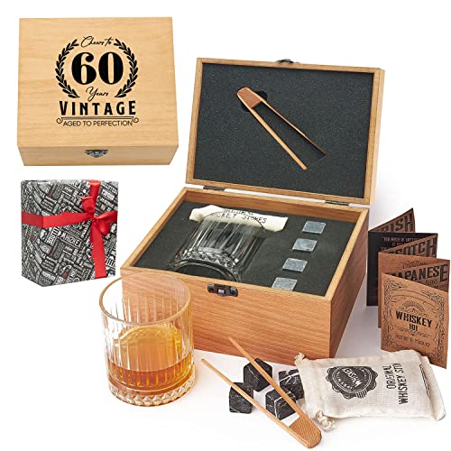 Hediye Sepeti Whiskey Gift Set, 100% Lead-Free Crystal Glass, Luxury Whiskey Stone Set, Wood Box, Great for Whiskey, Bourbon and Liquor, Birthday, House Warming and Retirement Gifts 1Glass (60th)