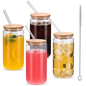4 pack drinking glasses, efobo 16 oz beer can glass with bamboo lids, straws and cleaning brushes, can shaped tumbler cup for water, ice soda, tea, iced coffee glasses, gifts