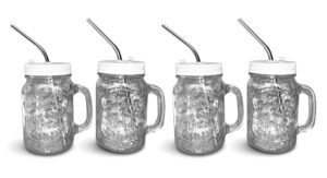 home suave mason jar mugs with handle, regular mouth, white lids with 4 reusable stainless steel straw, set of 4 (white), kitchen glass 16 oz jars, dishwasher safe