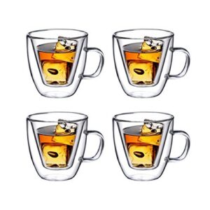 bruntmor double wall espresso glass with handle for tea and coffee (4 oz, set of 4). made from borosilicate. double walled and will not get too hot to hold. shatter-proof and heat resistant.