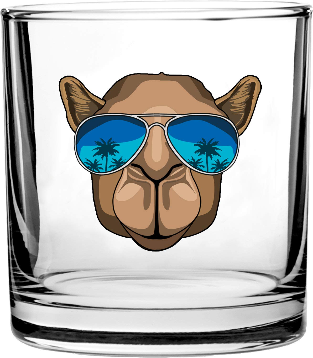 Hat Shark Camel Wearing Sunglasses Palm Tree Reflection - 3D Color Printed Scotch Whiskey Glass 10.5 oz