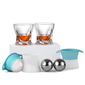 whiskey rocks glass, set of 6 (2 crystal bourbon glasses, 2 stainless steel ice balls, 2 round ice ball molds) - 9 oz old fashioned glasses for rum cognac vodka liquor scotch cocktail, gifts for men