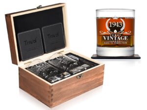 81st birthday gifts for men, vintage 1943 whiskey glass and stones gift set of 2, funny 81 birthday gift for dad husband brother, 81 birthday present ideas for him, 81 year old bday decorations
