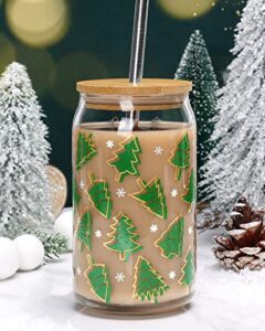 nefelibata christmas cup with bamboo lid and metal straw 16oz xmas tree beer can glass iced coffee cups drinking glasses smoothie tumbler mug winter holiday party gifts for office women kids men