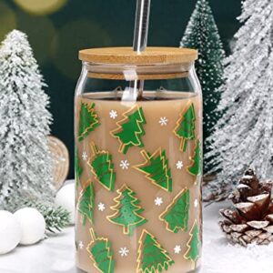 Nefelibata Christmas Cup with Bamboo Lid and Metal Straw 16oz Xmas Tree Beer Can Glass Iced Coffee Cups Drinking Glasses Smoothie Tumbler Mug Winter Holiday Party Gifts for Office Women Kids Men