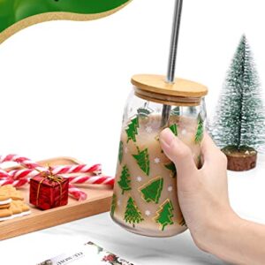 Nefelibata Christmas Cup with Bamboo Lid and Metal Straw 16oz Xmas Tree Beer Can Glass Iced Coffee Cups Drinking Glasses Smoothie Tumbler Mug Winter Holiday Party Gifts for Office Women Kids Men