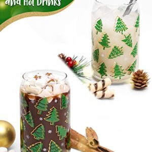 Nefelibata Christmas Cup with Bamboo Lid and Metal Straw 16oz Xmas Tree Beer Can Glass Iced Coffee Cups Drinking Glasses Smoothie Tumbler Mug Winter Holiday Party Gifts for Office Women Kids Men