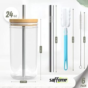 Saffome 6 Pack Glass Mug Set - Drinking Glasses Tumbler, 24oz Reusable Boba Tea Cups with Bamboo Lids, Travel Tumbler Bottle, Non-slip Glasses for Iced Coffee, Smoothie