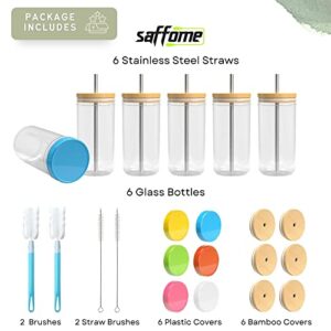 Saffome 6 Pack Glass Mug Set - Drinking Glasses Tumbler, 24oz Reusable Boba Tea Cups with Bamboo Lids, Travel Tumbler Bottle, Non-slip Glasses for Iced Coffee, Smoothie