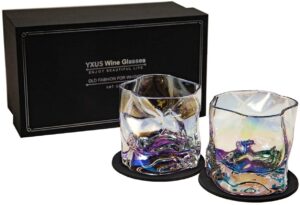 old fashioned whiskey glasses set of 2, 10oz colorful rock glasses with 2 coasters, couple whiskey tumbler set, cool design cocktail bourbon scotch glasses gifts for men, perfect whiskey gifts for him