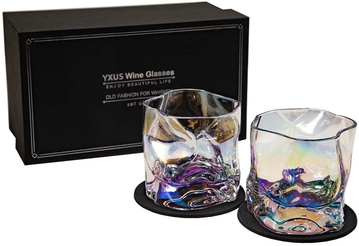 Old Fashioned Whiskey Glasses Set of 2, 10oz Colorful Rock Glasses with 2 Coasters, Couple Whiskey Tumbler Set, Cool Design Cocktail Bourbon Scotch Glasses Gifts for Men, Perfect Whiskey Gifts for Him