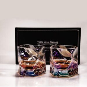 Old Fashioned Whiskey Glasses Set of 2, 10oz Colorful Rock Glasses with 2 Coasters, Couple Whiskey Tumbler Set, Cool Design Cocktail Bourbon Scotch Glasses Gifts for Men, Perfect Whiskey Gifts for Him