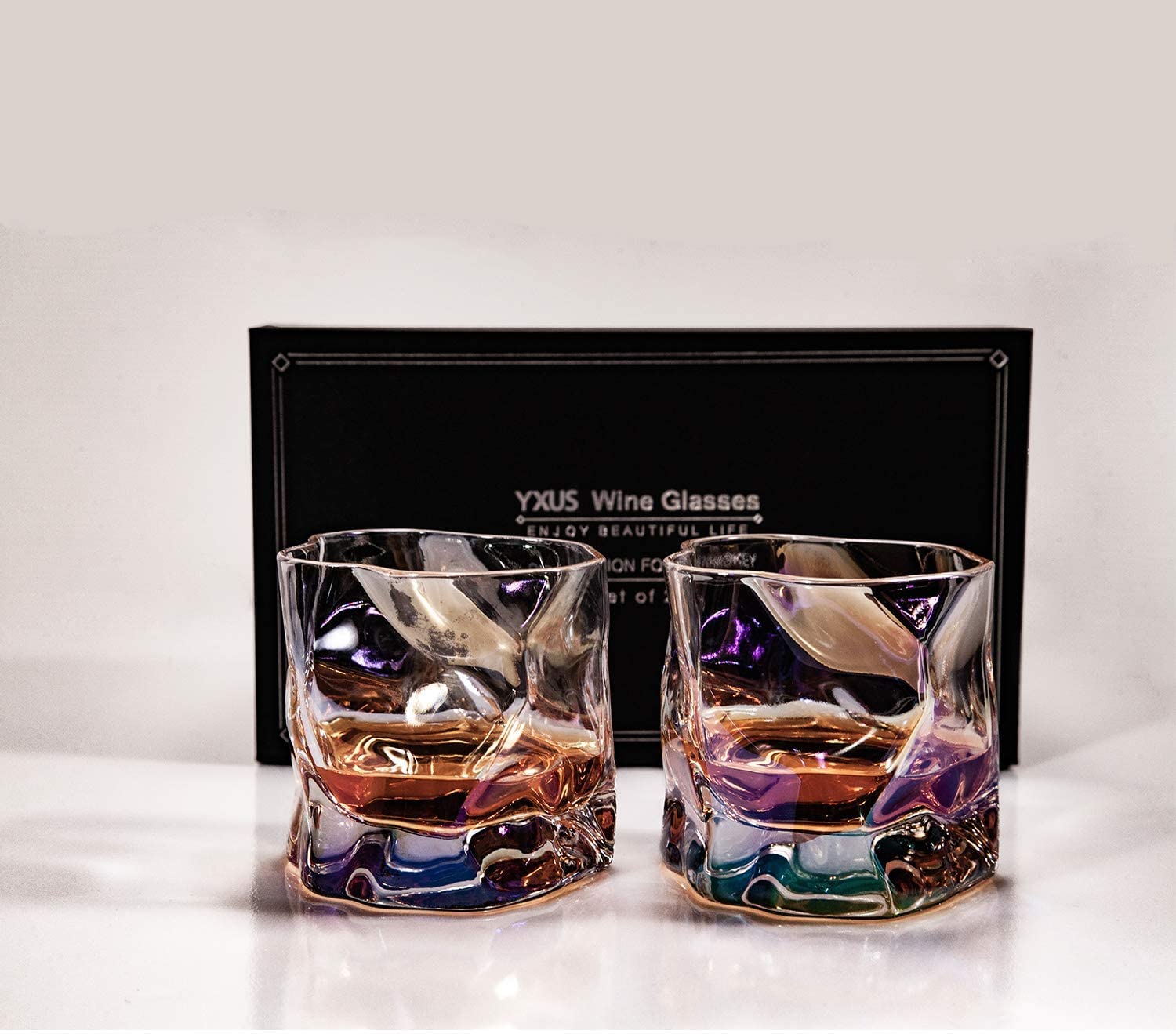 Old Fashioned Whiskey Glasses Set of 2, 10oz Colorful Rock Glasses with 2 Coasters, Couple Whiskey Tumbler Set, Cool Design Cocktail Bourbon Scotch Glasses Gifts for Men, Perfect Whiskey Gifts for Him