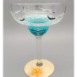 Beach Margarita Glass - Hand Painted - Sea, Waves, Seagulls, Starfish, Sea Turtle, Shell, Sand, Summer