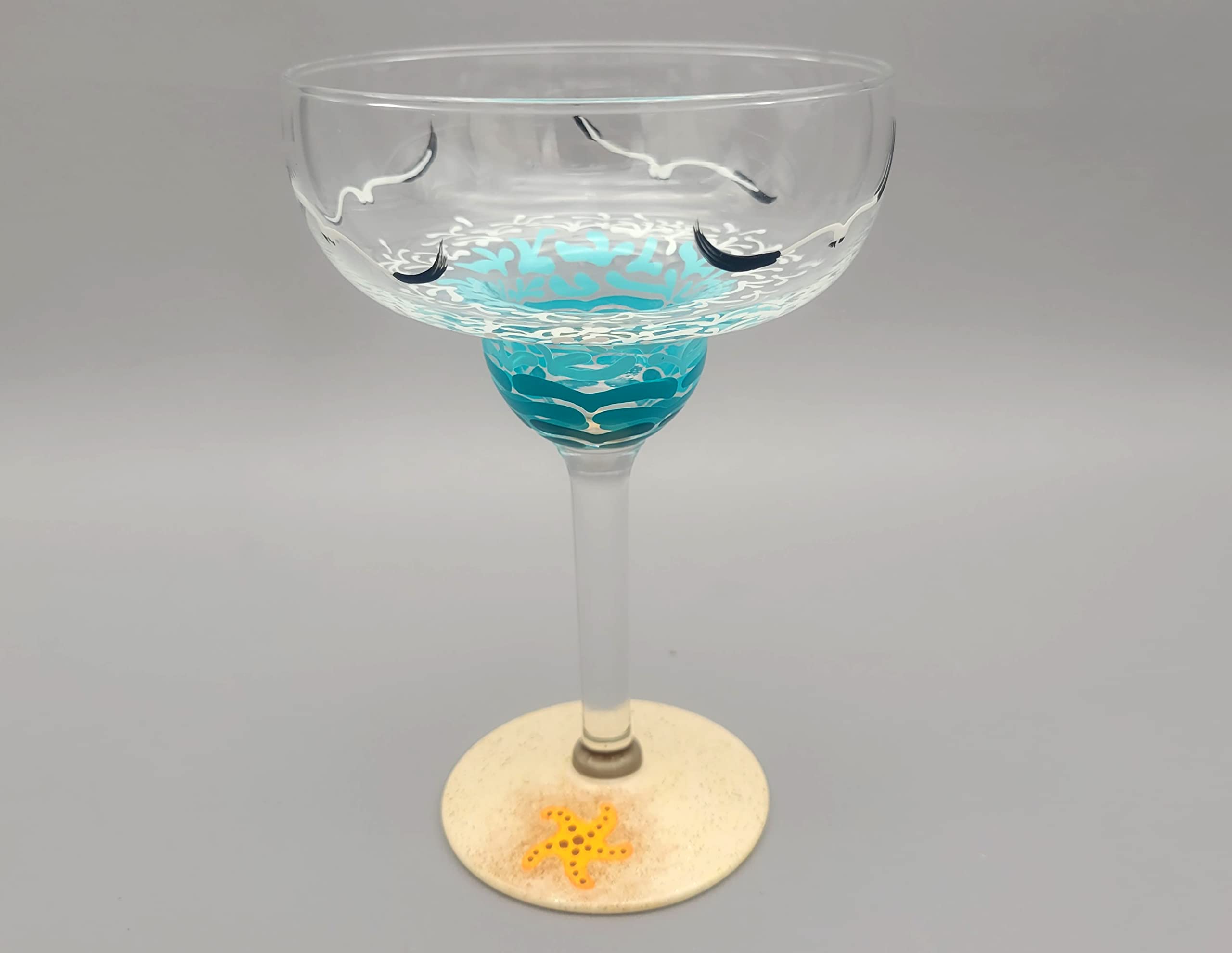 Beach Margarita Glass - Hand Painted - Sea, Waves, Seagulls, Starfish, Sea Turtle, Shell, Sand, Summer