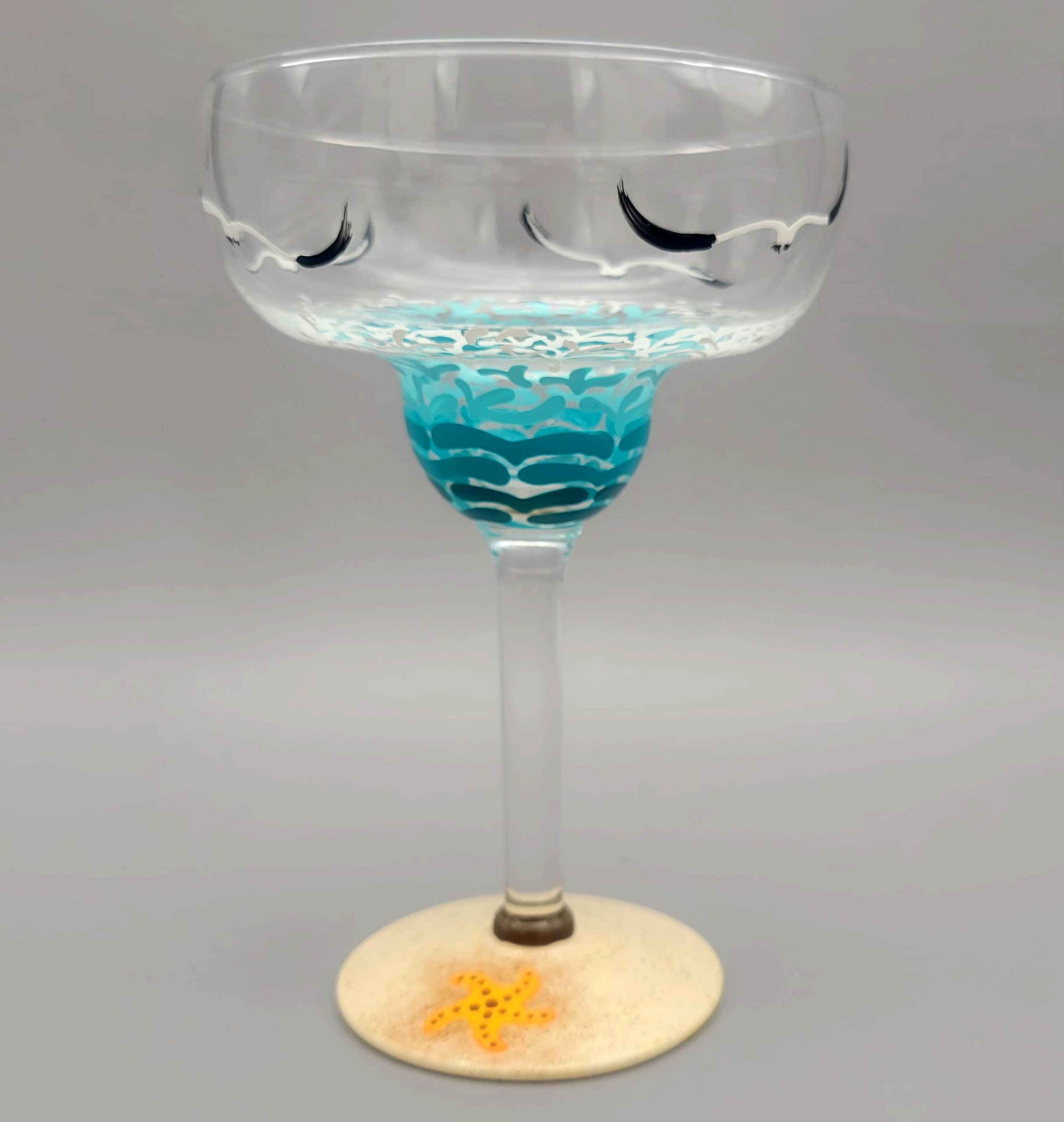 Beach Margarita Glass - Hand Painted - Sea, Waves, Seagulls, Starfish, Sea Turtle, Shell, Sand, Summer