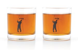 jem glass slice, f*ck golf whiskey glasses - set of 2 - black dishwasher safe print - funny golf presents for men, women, dad, mom, husband, wife, him, her - 10.25 ounces each