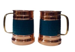 ornate international 16 oz black matte moscow mule copper cups and barrel mugs, moscow mule mug with rose gold copper rims, set of 2 (blue)