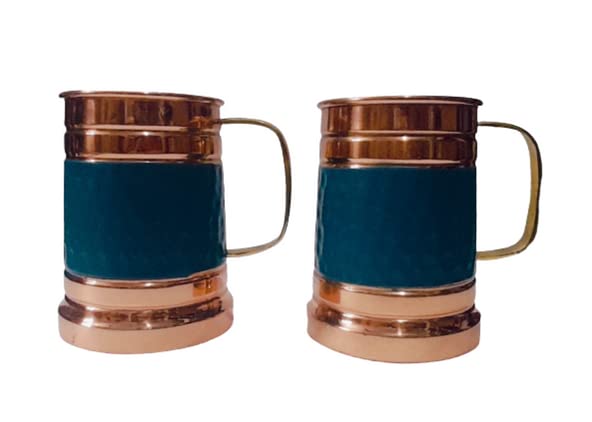 Ornate International 16 Oz Black Matte Moscow Mule Copper Cups and Barrel Mugs, Moscow Mule Mug with Rose Gold Copper Rims, Set of 2 (BLUE)