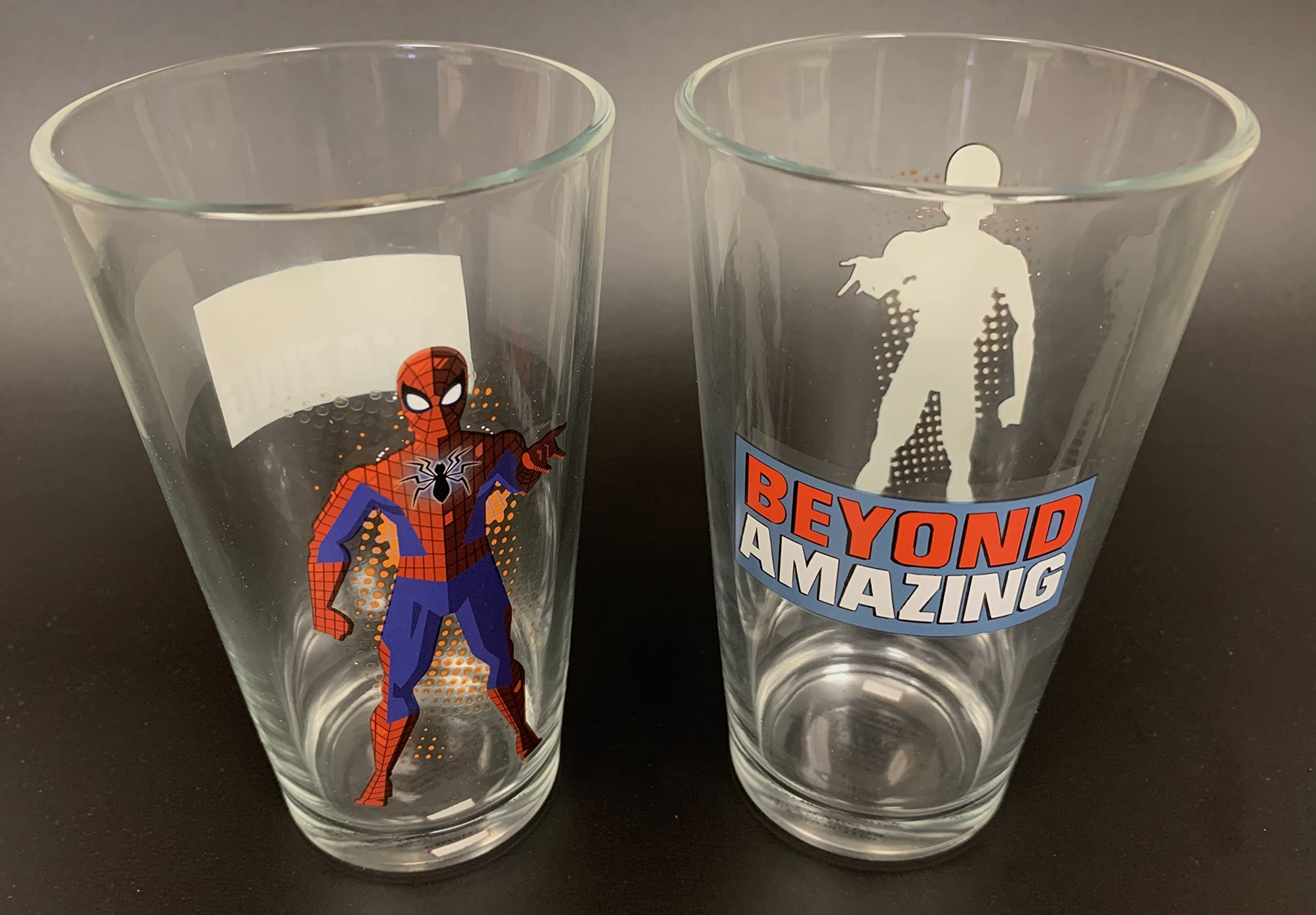 Bioworld Beyond Amazing 60th Anniversary Spider-Man 16oz Pint Glass Set, Pack of 2 Drinking Glasses